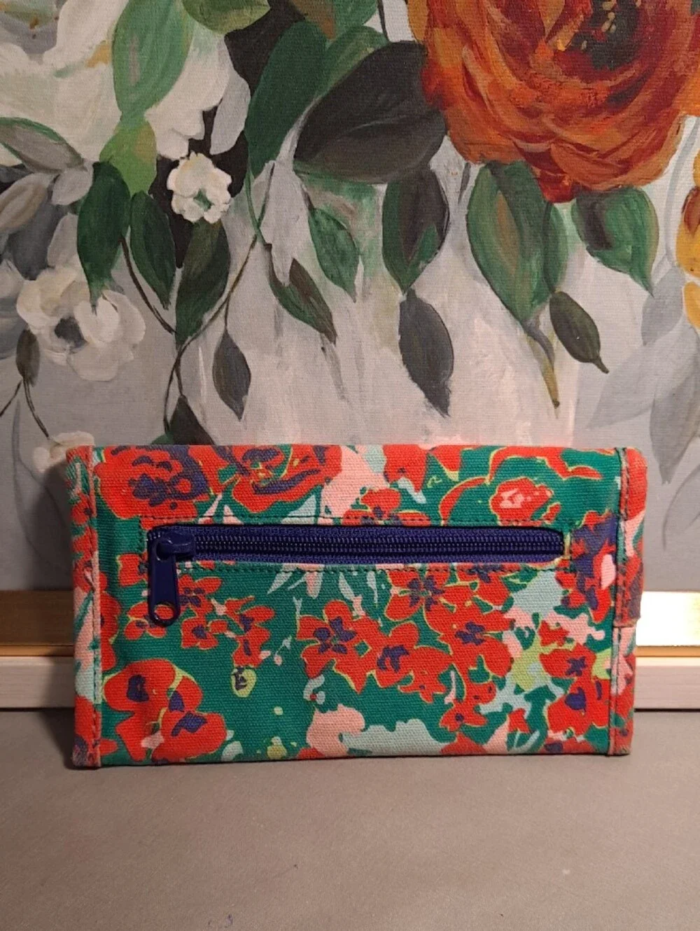 Kavu Big Spender Painted Floral Cotton Canvas Trifold Wallet Green Orange Pink